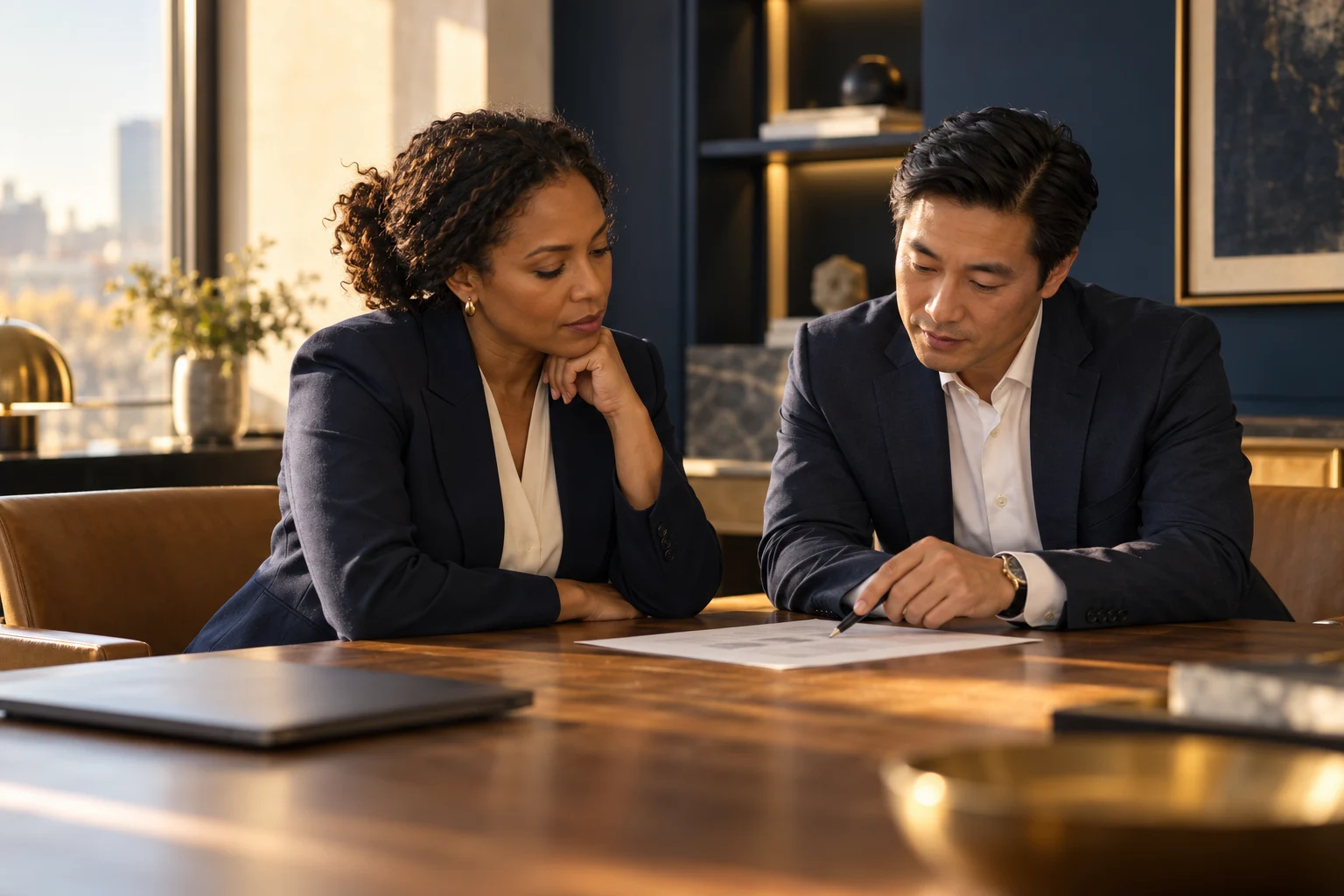 Two investment professionals reviewing a mandate in a warmly lit office